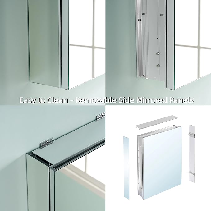 WELLFOR 40" x 36" Bathroom Medicine Cabinet with Mirror, Anodized Chrome Aluminum Frame, Surface Mount or Recessed Medicine Cabinet with Mirror, Bathroom Mirror with Storage, Double Doors