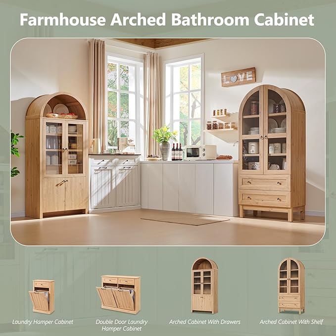 71" Tall Arched Bathroom Storage Cabinet, 4-Tier cabinet w/2 Large Drawers &Adjustable Shelves, Wooden Bathroom Floor cabinets w/Glass Doors, Modern Farmhouse Versatile Cabinets for bathroom, Natrual
