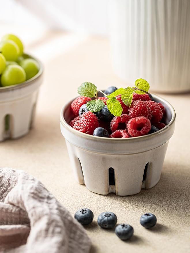 Gomakren Ceramic Fruit Basket Set of 2, Round Fruit Bowl with Holes, Fruit Storage Containers for Fridge, Small Berry Basket for Kitchen Counter, Berries, Strawberry, Grape, Cherry, White