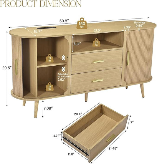 60" Sideboard Buffet Cabinet with Storage, Sliding Door & Adjustable Shelf, Modern Credenza with 2 Drawer, Accent Sideboard Coffee Bar Console Table for Kitchen, Entryway and Living Room