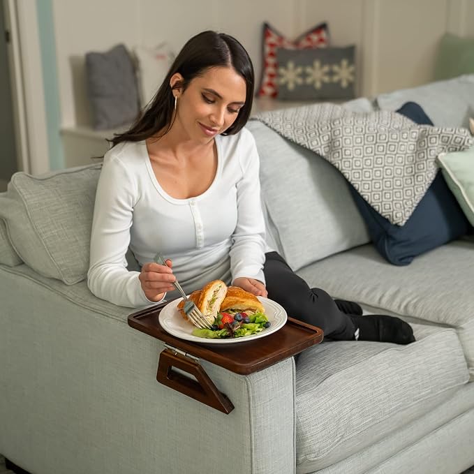 Shamrock Home Bamboo Trayble Couch Arm Table, Clip On Tray Sofa Table for Couches. Sofa Arm Tray, Armchair Table for TV Dinners, Remotes, Drinks and Snacks - 13.75 x 9.5inch, Brown