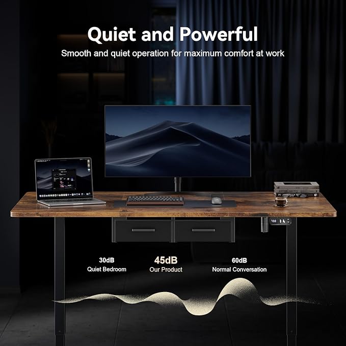 HLDIRECT Electric Standing Desk, 63 x 31.5 Inches Height Adjustable Table with Outlets, Sit Stand Computer Desk with Drawers for Home Office, Ergonomic Rising Workstation, Rustic Brown
