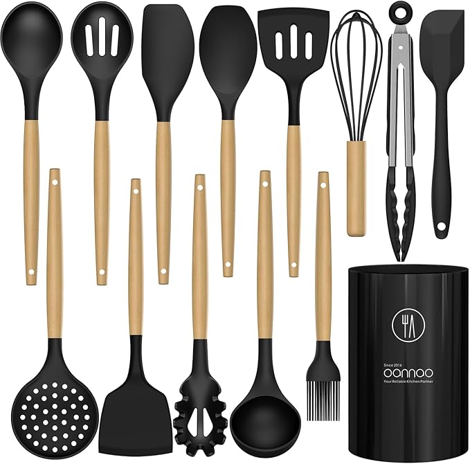 oannao Silicone Cooking Utensils Set Utensil Sets - 446°F Heat Resistant Silicone Kitchen Utensils Set Wooden Handles, Silicone Utensils for Cooking w Holder for Non-Stick Cookware BPA FREE (Black)