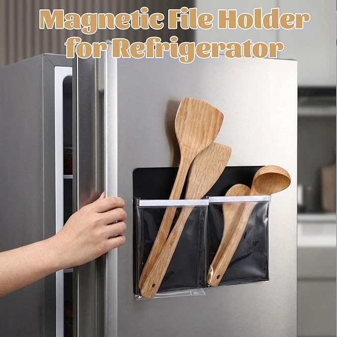 8 Pack Magnetic File Holder for Refrigerator 12 x 9.5 Inch Hanging Paper Organizer Black Board Organizer with 2 Magnetic Pocket Office Supplies Storage for Notebooks Planners Mail Letters