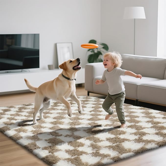 Checkered Area Rugs for Living Room 6x9, Fluffy Beige and White Checkered Rug Fuzzy Shag Shaggy Carpets for Bedroom, Soft Plush Furry Rug for Teen Room Dorm Home Decor