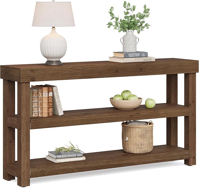 Solid Wood Entry Console Table, 63-Inch Narrow Sofa Table Behind The Couch, Entryway Furniture with Storage Shelves for Hallway Foyer Living Room, Dark Brown