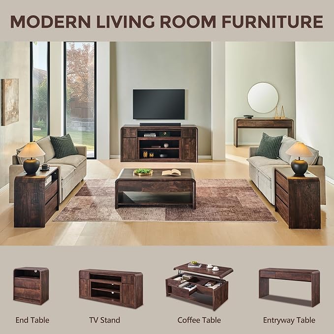63'' Console Table with 3 Drawers, Modern Entryway Table with Curved Profile Design, Narrow Long Wood Sofa Table Behind Couch Table for Living Room, Hallway, Foyer, Brown