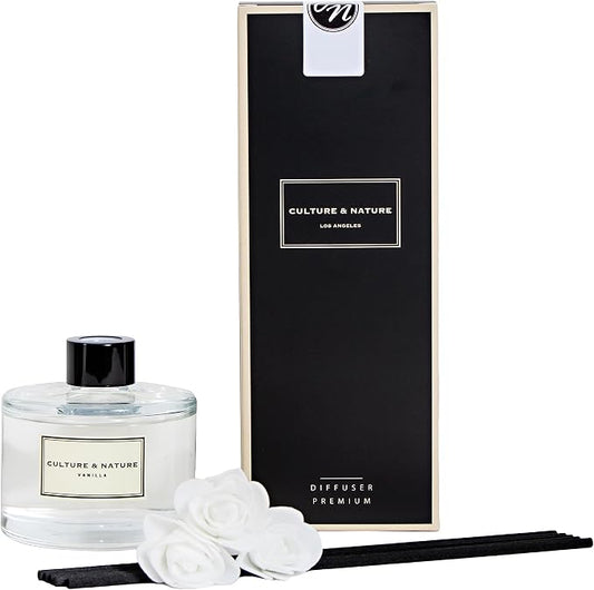 CULTURE & NATURE Reed Diffuser Set 6.7oz (200ml) Vanilla Scented Diffuser with Sticks Home Fragrance Reed Diffuser for Bathroom Shelf Decor