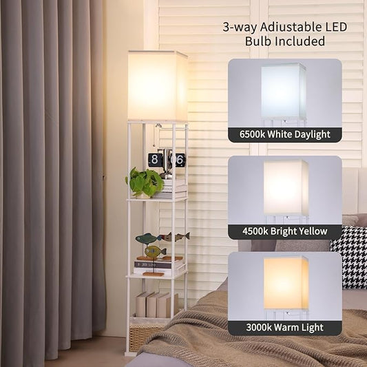 Gupuzm Floor Lamp with Shelves, 4 Layer Square Standing Lamp with 3 Color Temperature Bulb, Corner Display Bookshelf Lamp for Living Room, Bedroom and Office(White-2 Packs)