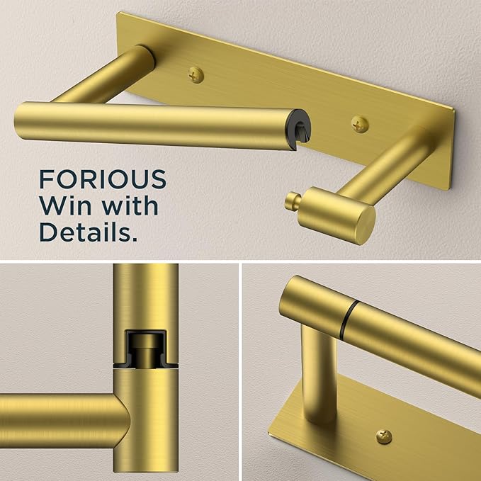 FORIOUS Toilet Paper Holder, Adhesive or Wall Mounted Options, Stainless Steel Rustproof Stick on no Drilling Double Post Pivoting Toilet Tissue Roll Holder Wall Mount for Bathroom, Brushed Gold