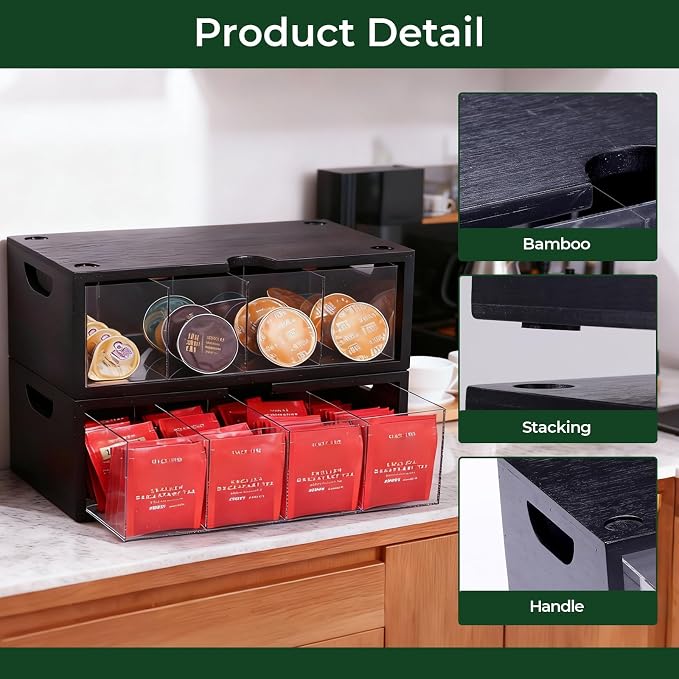 Bamboo Tea Bag Organizer for Cabinet & Countertop - 2-Piece Stackable Tea Box Set, Large Capacity Storage Containers for Tea Bags & Packets - Modular Pantry Organization & Kitchen Tea Station Holder