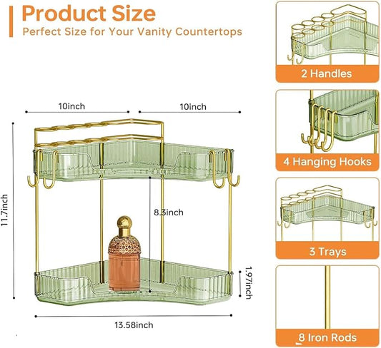 2-Tier Corner Bathroom Counter Organizer,Makeup & Skincare Shelf with Built-in Brush Holder,Space-Saving Bathroom Countertop Organizer for Skincare, Perfume, Cosmetics(Green)