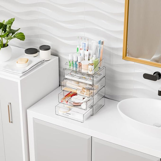 Yieach 5 Tier Clear Acrylic Makeup Organizers with Drawers,Tiered Countertop Make up Storage Organizer for Dresser Top and Bathroom Vanity,Plastic Makeup Stand for Brush,Skincare,Beauty Organizers
