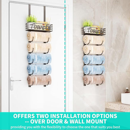 HapiRm Towel Racks for Bathroom Storage - 6 Tier Over The Door & Wall Mount Rolled Towel Storage Organizer Holder with Metal Shelf Basket for Small Bathroom, Camper, Rv - Patented
