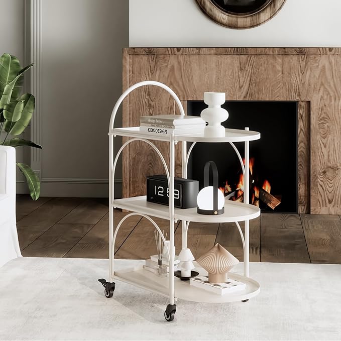 XIV Bar Cart, Metal Serving Cart for Home, Drink Cart, Rolling Beverage Cart with Lockable Wheels, Mobile Rolling Cart for Kitchen and Living Room (White)