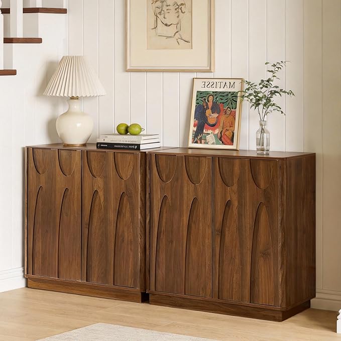 Sideboard Buffet Cabinet with Storage Set of 2, 63'' Mid Century Modern Storage Cabinet with Adjustable Shelf 4 Doors Credenza for Dining Room, Living Room, Entry (Walnut)