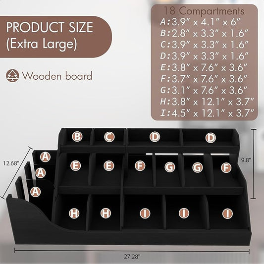 Suli Exact Large Coffee Station Organizer,Wooden Countertop Pods Holder with Drawer for Condiment Syrup Tea Cups for Lobbies,Breakroom,Office,Rustic Bar Decor for Accessories Organizer,3 Tiers -Black