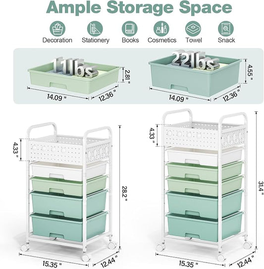 5 Drawer Rolling Storage Cart with Pegboard Top and Hooks, Mobile Organizer Cart with Wheels for Office Supplies, Craft Storage, Classroom Organization, Home Utility Cart, Gradient Green