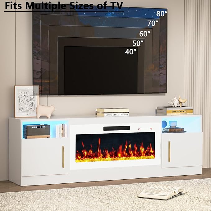PRETZI Fireplace TV Stand with 36" Fireplace Up to 80" TVs,70" Entertainment Center with LED Lights,Remote Control,TV Media Console with Storage Cabinets for Living Room, White+White