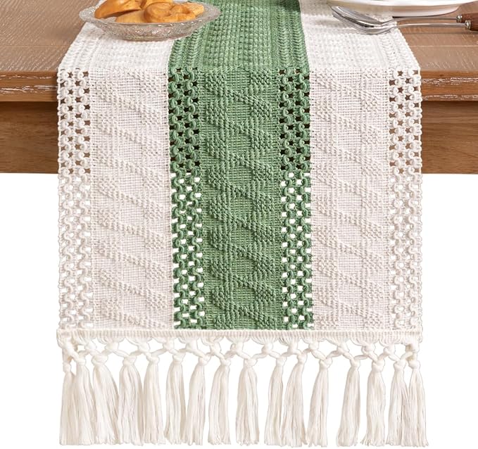 Socomi Boho Table Runner Valentine's Day Farmhouse Rustic Dining Kitchen Small Macrame Woven Cotton Linen Coffee Table Runner for Dresser Scarf Home Decor 12x36 inch Sage Green Ivory