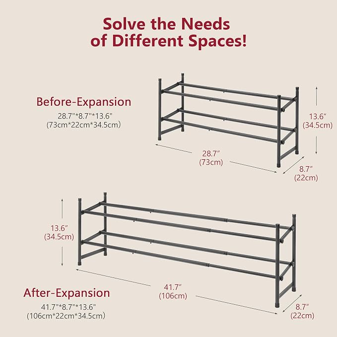 Tajsoon Expandable Shoe Rack for Closet 2 Tier, 28“-41“ Adjustable & Stackable Shoe Shelf Storage, Metal Shoe Rack Organizer for Front Door Entrance, Closet, Garage, Entryway, Black