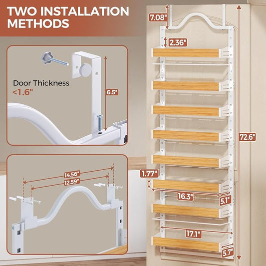 8-Tier Pantry Door Organizer, Over the Door Pantry Organizer with Wooden Adjustable Baskets, 2 IN 1 Spice Rack Wall Mount or Door Organizer, Door Spice Rack for Pantry(72.6×17.1×5.1in,White)