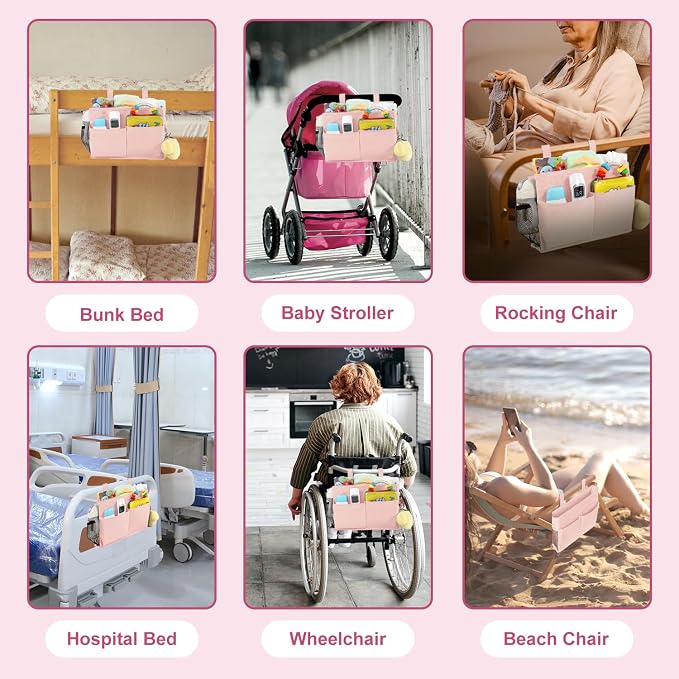 Surblue Bedside Caddy Hanging Bed Organizer Storage Bag Pocket for Bunk and Hospital Beds, College Dorm Rooms Baby Bed Rails, Camp 4 Pockets and 2 Hooks (Small,Light Pink)
