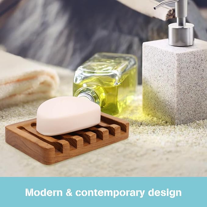 2PCS Self Draining Soap Dishes by HTB, Teak Wood Soap Holder, Soap Saver for Shower, Bathroom, Bath Tub, Kitchen Sponges, Easy Dry Extend Soap Life