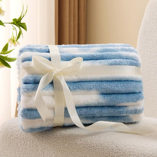 BEDELITE Fleece Throw Blanket for Couch - 300GSM Soft & Warm Fluffy Tie-dye Blue Blanket, Decorative and Giftable Striped Blankets for Women, Men, 50"x60"