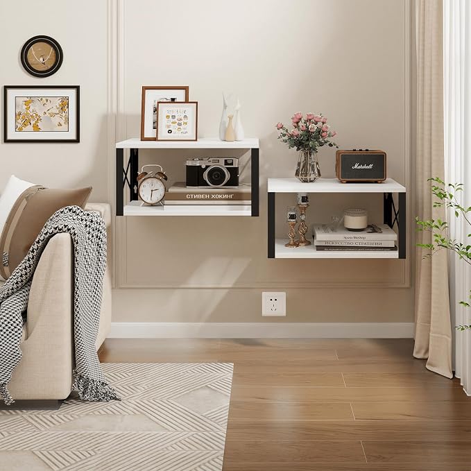 Homode Floating Night Stand, Modern Bedside Shelf Wall Mount, Wood Hanging Nightstand with Wire Hole, Floating Side Table for Bedroom Bathroom Living Room Small Places, White