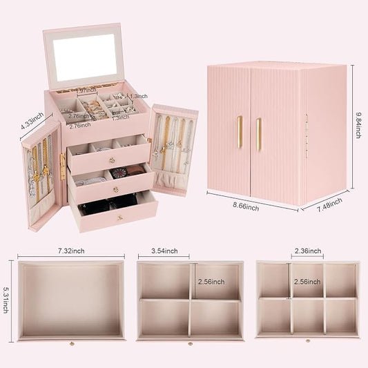Dajasan Large Jewelry Box Organizer, Jewelry Storage with 3 Drawers, Huge Jewelry Box with Mirror, Gift Idea for Women, Girls, Double Door, Textured PU Leather Surface, Stylish (Pink + Gold)