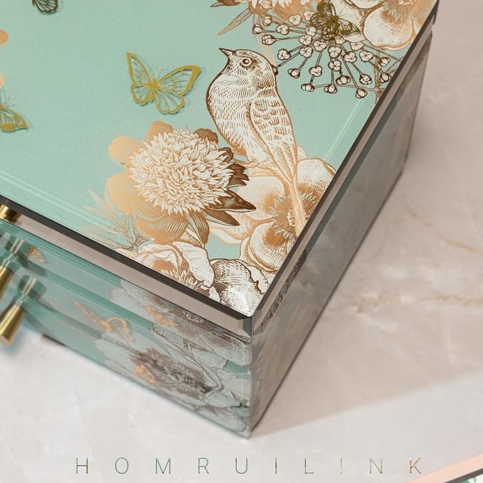 High End Glass Jewelry Box - 3 Layer Jewelry Organizer - Velvet-Lined Case For Ring, Necklace, Earring, Bracelet Storage - Green Floral and Bird - Christmas Gifts For Women