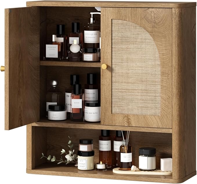 RUSTOWN Rattan Bathroom Wall Cabinet, Over The Toilet Storage Cabinets with 2 Arched Doors, Modern Medicine Cabinet with Adjustable Shelf & Rounded Edges, Mid-Century Bathroom Organization