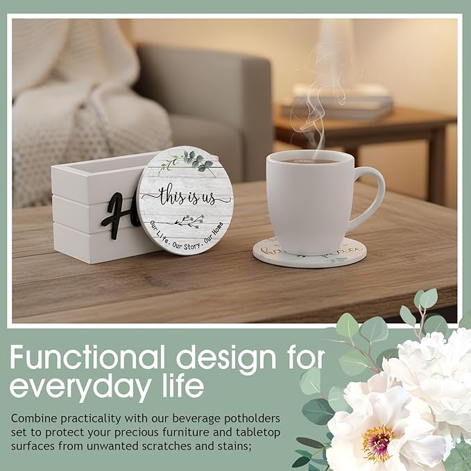 Queekay Coasters Set of 6 House Warming Gifts New Home Wooden Farmhouse Drink Coasters with Holder 4'' Funny Decoration for Kitchen Family Coffee Bar Tabletop Protection(Eucalyptus Leaf Color)