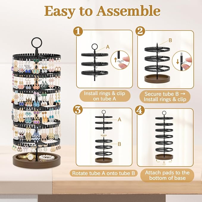 MODOWEY 6 Tier Rotating Earring Holder Organizer Display Tree with Wooden Tray, Adjustable Plastic Stand with 342 Slots for Stud Hoop Hanger, Large Capacity Storage Rack for Women Space Saving, Black