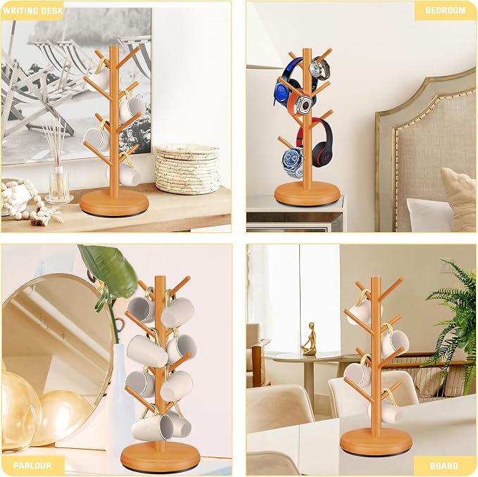 Mug Holder Tree,New Upgraded 360° Rotated 8 Hooks Coffee Cup Holder for Counter,Wood Coffee Mug Rack Standing for Co ffee Bar Accessories and Kitchen Home Organizer(Brown)