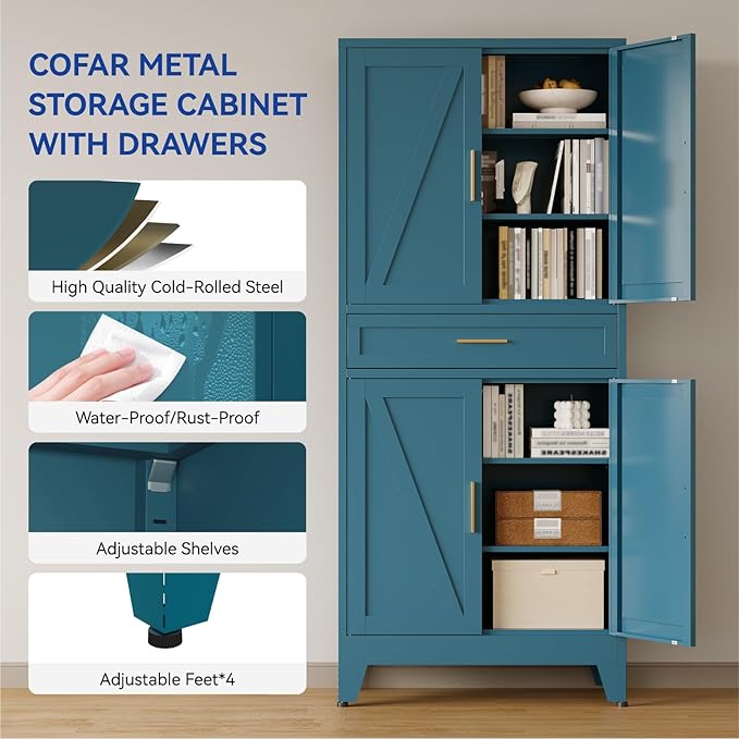 COFaR 71 in Tall Kitchen Pantry Cabinet, Metal Pantry Storage Cabinet with 4 Adjustable Shelves and 4 Barn Doors, Freestanding Farmhouse Food Cupboard for Dining Room, Peacock Blue 6-Tier