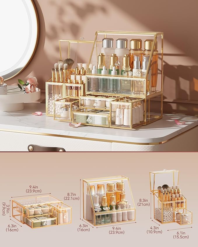 CoralHouse Makeup Organizer with Lid, 3-Piece Clear Glass Vanity Organizer with Gold Frame, Cosmetic Display Case for Perfume, Skincare, Lipsticks, Brushes and Bathroom Countertop