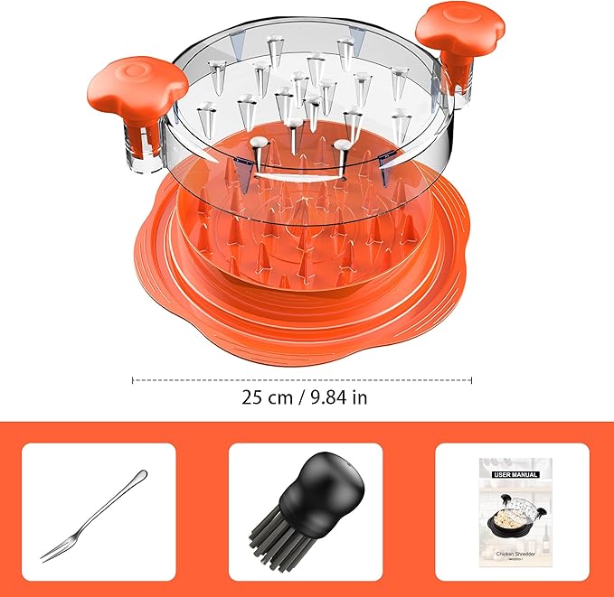 SURETIVIAN Chicken Shredder Tool Twist Large Chicken Breast Shredder with Brush&Fork, Visible Meat Shredder Machine, Anti-Slip Strip, Ergonomic Handle, BPA Free, Suitable for Pork Beef Chicken(Orange)