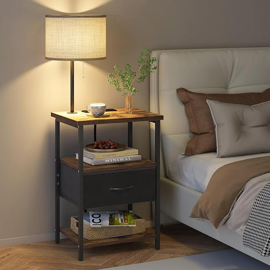 Fixwal Nightstand with Lights Bedside Table with 3 Color Temperatures Bulb, Night Stand with Charging Station End Table with Adjustable Fabric Drawer for Bedroom Dorm