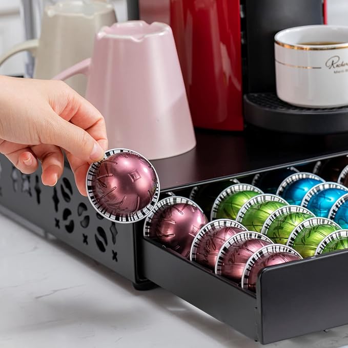 Flagship for Nespresso Pod Holder Vertuo Capsule Storage Pod Organizer Coffee Bar Design And Coffee Machine Stand Black Metal(50 Pods Capacity)
