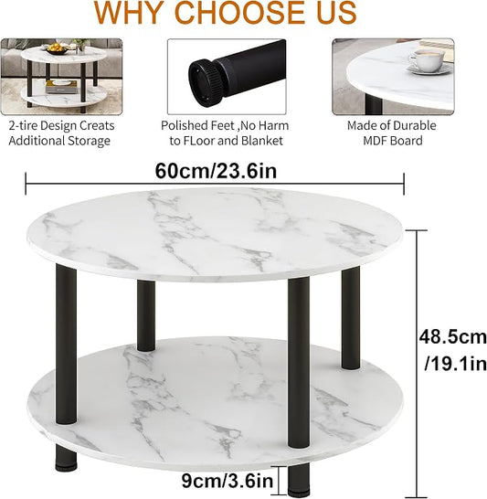 23.6" Round Coffee Table, 2-Tier Small Circle Coffee Table with Storage, Modern Center Accent Table with Metal Frame, Side Table End Table for Small Space, Living Room, Office, White