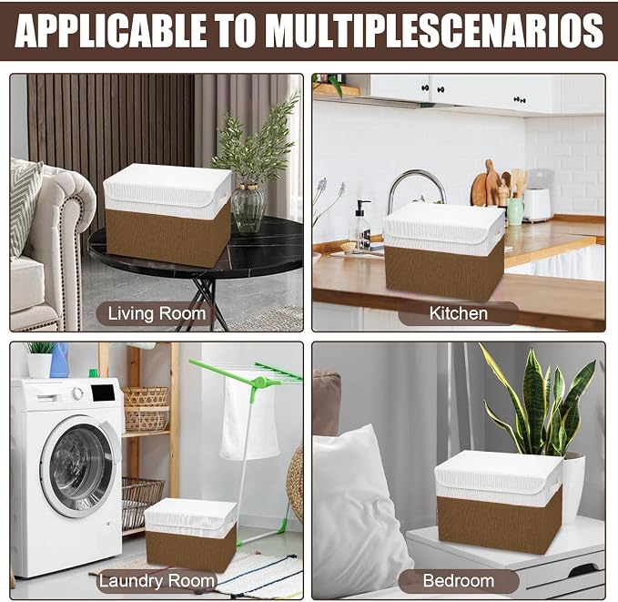 Bagnizer Large 22 Quart Linen Fabric Foldable Storage Bin Cube Organizer Basket with Flip-Top Lid & Handles, Clothes Blanket Box for Home, Office, Closet, Brown & White, 4 Pack 14.6 x 9.5 x 9.5