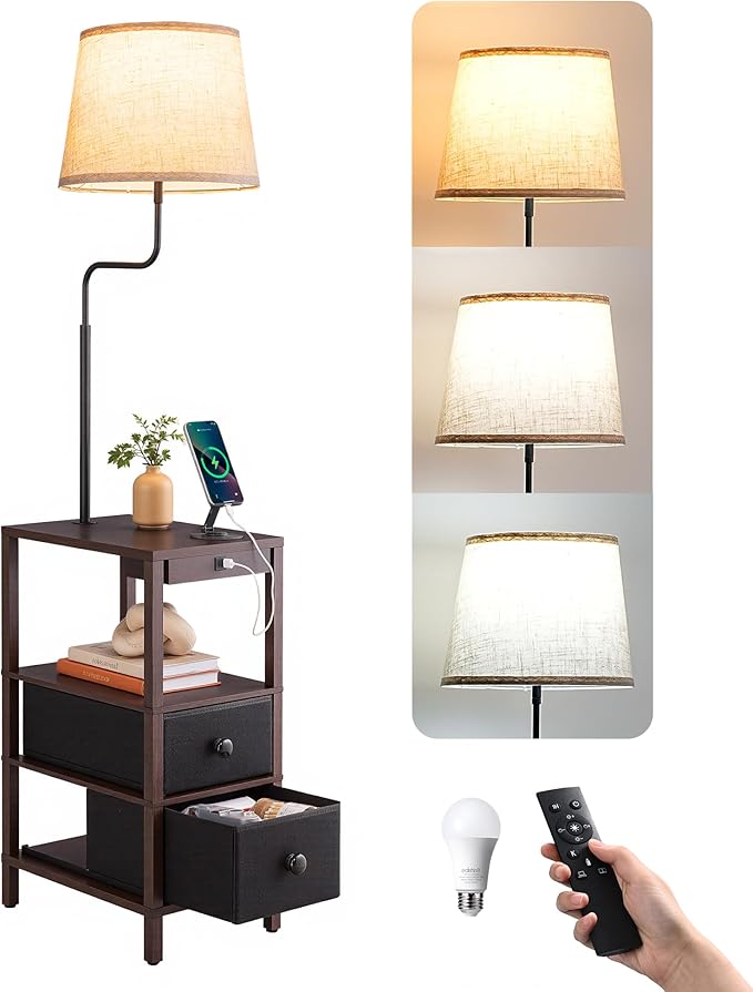 EDISHINE Floor Lamps for Living Room, Dimmable Bedside Floor Lamp with Table and 2 Shelves, USB-A+Type-C Port, Farmhouse Standing Light for Bedroom, Den, Office, Kids Room with Bulb, Dark Walnut