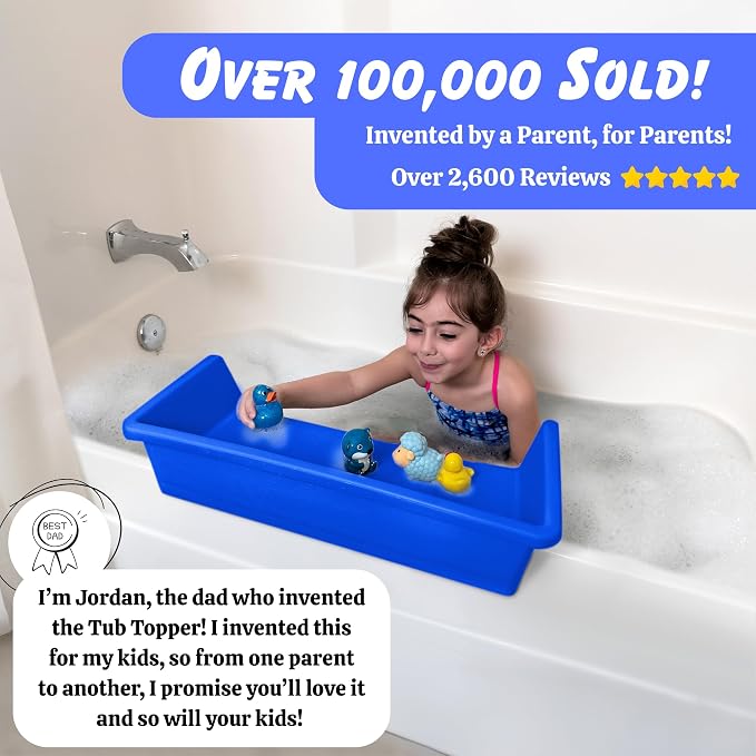 Tub Topper® Mini Bathtub Splash Guard for Kids - Compact Bath Splash Guard & Tub Play Shelf - Easy to Remove, Store & Clean - Patented Lip Design, Non-Silicone, BPA-Free, Made in USA (Blue)