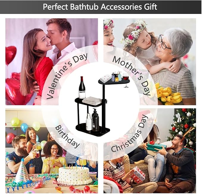 3 Layer Bathtub Tray Table,Bamboo Swivel Bathtub Side Table Height Adjustable,Freestanding Bathtub Tray for Tub Against Wall,Bathtub Accessories&Bathroom Organizer for Luxury Home Spa (Black)
