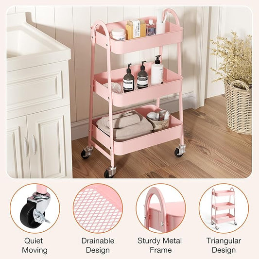 NEWBULIG 3-Tier Metal Rolling Cart with Lockable Wheels, Heavy Duty Mobile Utility Storage Shelf, Roller Book Snack Cart, Organization for Livingroom, Bathroom, Office, Pink