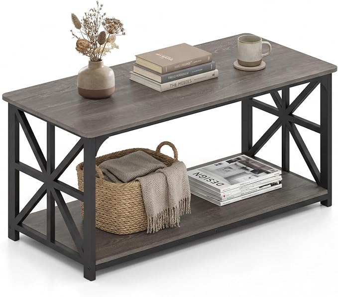 Giantex Farmhouse Coffee Table, 43" Center Table with Storage & X-Shaped Frames, 2-Tier Modern Accent Cocktail Tea Table, Rectangular Wooden Living Room Tables for Small Spaces, Grey Oak