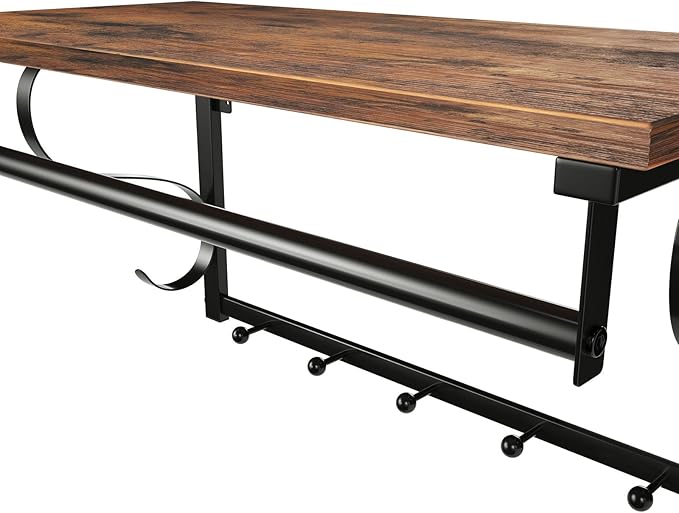 VASAGLE Coat Rack Wall Mount, Wall Hooks with Shelf, Hanging Rail, 5 Hooks, for Entryway, Bathroom, Laundry Room, Rustic Brown and Black ULCR11BX