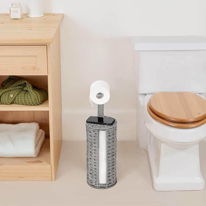 GRANNY SAYS Wicker Freestanding Toilet Paper Holder Stand with Storage, Modern Covered Toilet Paper Stand for 4 Rolls with Shelf for Wet Wipes, Tissue Holder for Bathroom Decor and RV, Gray